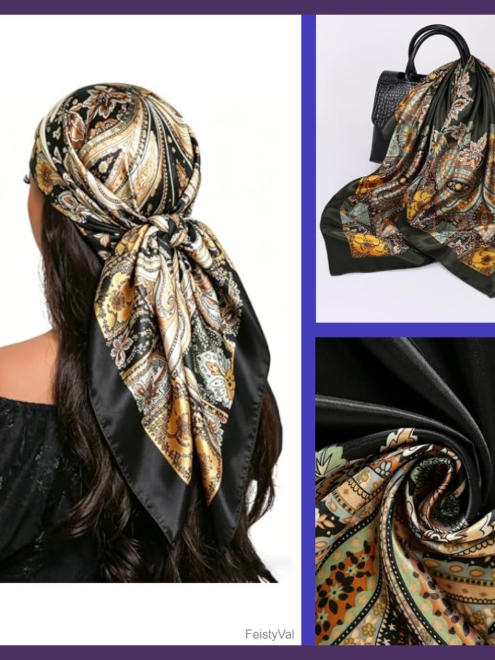 35" Large Floral Paisley Satin Feel Polyester Head Scarf Bandana